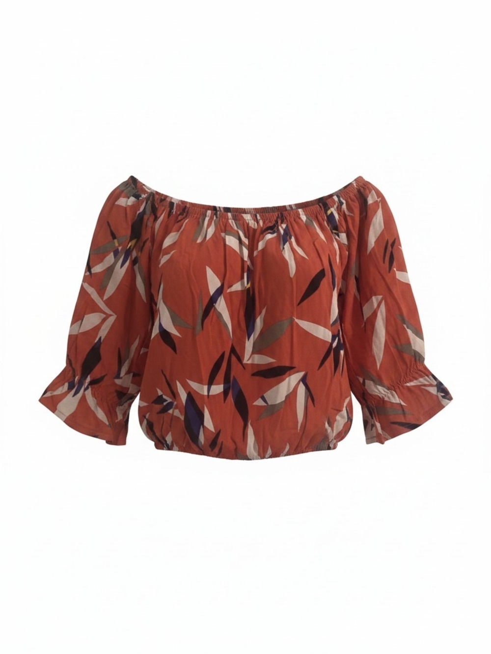 Rust Floral Off-Shoulder Blouse with Ruffle Sleeves